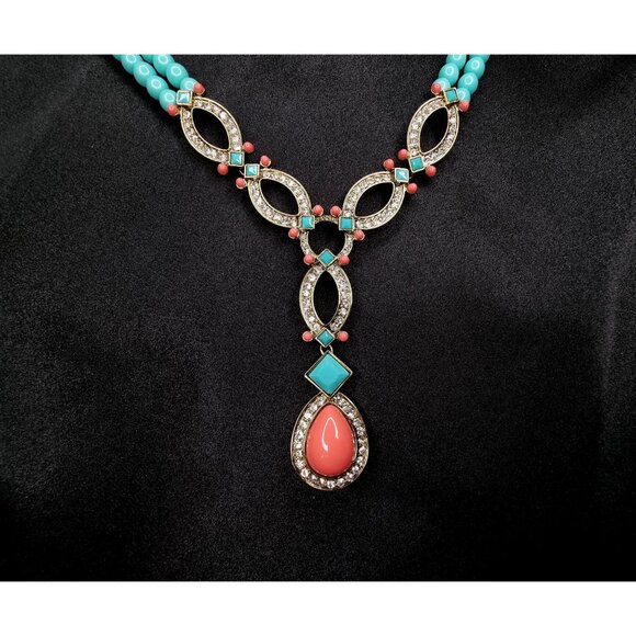 Heidi Daus Statement Necklace W/ Turquoise Beads Crystal Accents - Picture 1 of 4